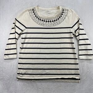 Talbots Embellished Top Striped‎ 3/4 Sleeve Cotton Blend Tee Shirt Large